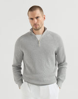 Cotton English rib sweater with half zip and raglan sleeves in Light Grey
