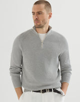 Cotton English rib sweater with half zip and raglan sleeves in Light Grey