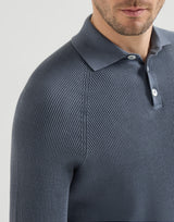 Cotton English rib knit polo with long raglan sleeves in Lignite Grey