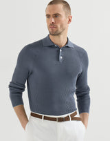 Cotton English rib knit polo with long raglan sleeves in Lignite Grey