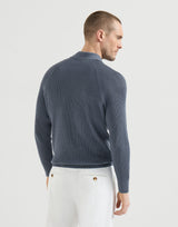 Cotton English rib knit polo with long raglan sleeves in Lignite Grey