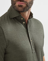 Virgin wool, silk and cotton piqué polo shirt with spread collar in Military Green