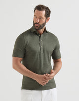 Virgin wool, silk and cotton piqué polo shirt with spread collar in Military Green