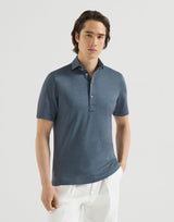 Virgin wool, silk and cotton piqué polo shirt with spread collar in Cerulean