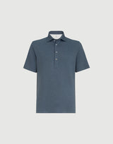 Virgin wool, silk and cotton piqué polo shirt with spread collar in Cerulean