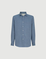 Cotton and cashmere denim-effect diagonal shirt with spread collar in Denim
