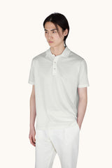 White Polo shirt in Double Mercerised cotton jersey with linen details