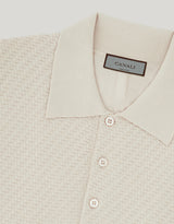 Off-white cotton and silk regular fit polo shirt with microstucture