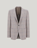 Beige and lilac wool, silk and linen modern-fit jacket with overcheck pattern