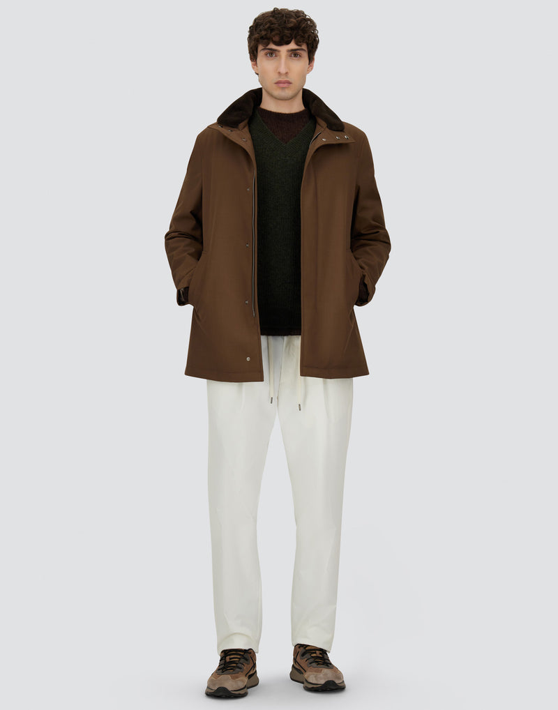 Nylon Twill Car Coat w/ Removable Fur Collar