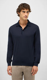 Malpensa Polo Shirt 3-Button in Pure Extra Fine Wool - Dark Navy