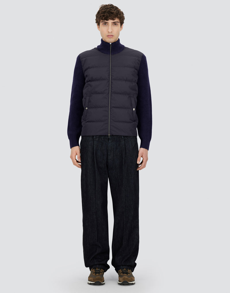 Nylon Quilted Zip Jacket w/ Knit Sleeves