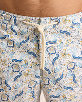 Mid-Length Classic Fit Drawcord Swim Shorts with Fairground Print in Multi/Blue