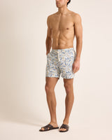 Mid-Length Classic Fit Drawcord Swim Shorts with Fairground Print in Multi/Blue
