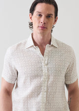 Geometric Print Linen Shirt in Dusky Green