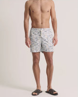 Mid-Length Classic Fit Drawcord Swim Shorts with Fairground Print in Multi/Blue